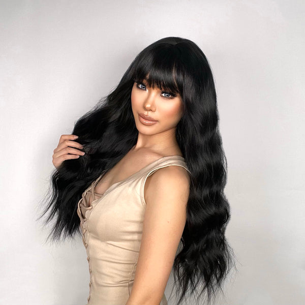 27 Inch Long Bangs Black Wig Synthetic Wavy  Hair Wigs for Women