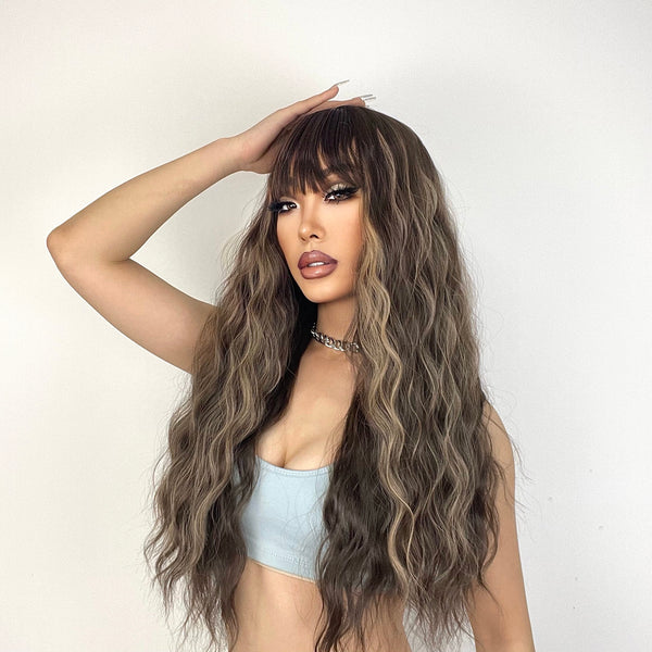 26 Inch Brown Mix Blonde Wavy Wig with Bangs