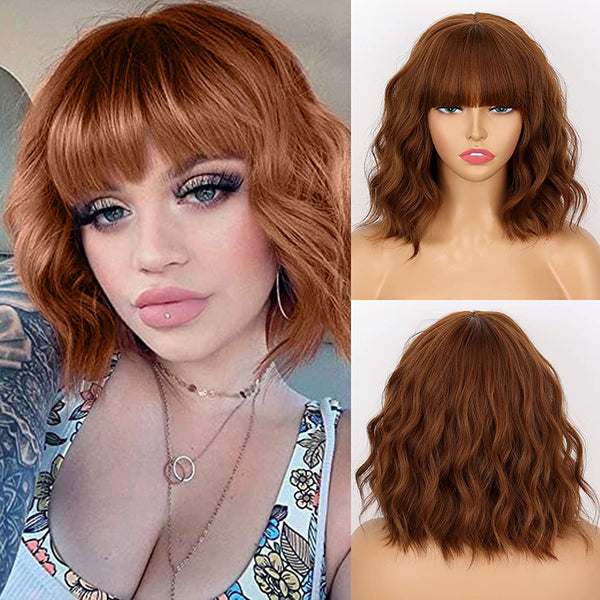 12 Inch Short Wavy Bob Wigs for Women,Short Brown Auburn Bob Wig with Bangs,Pastel Curly Wavy Synthetic Cosplay Heat Resistant Wigs