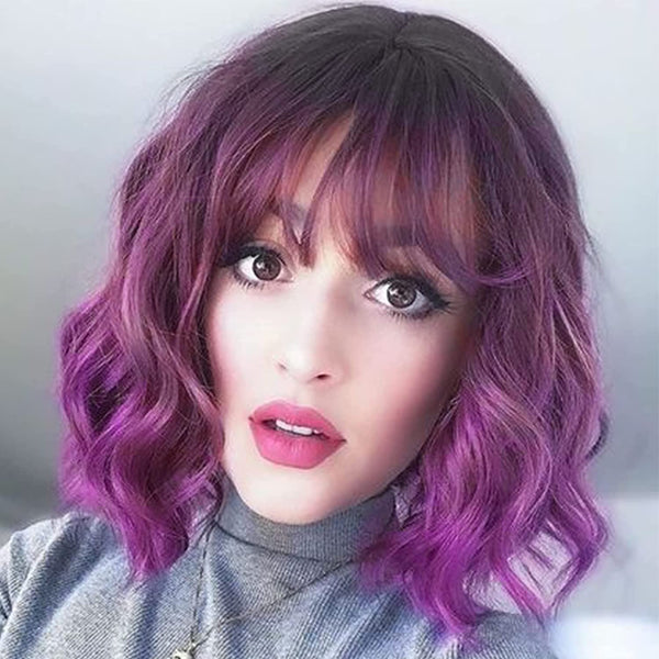 12 Inch Short Purple Wavy Wig for Women,Dark Roots Purple Bob Wavy Wig with Bangs,Curly Ombre Purple Wig Natural Looking for Cosplay and Party Use