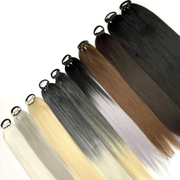 Synthetic Brown Ponytail Extensions Wrap Around Ponytail with Rubber Band DIY 26 Inch Ombre Black Brown Grey Boxing Braids