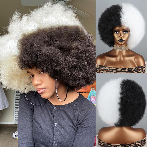 Afro Wigs for Black Women Half Black Half Colorful 70s Short Afro Puffy Wigs for Women