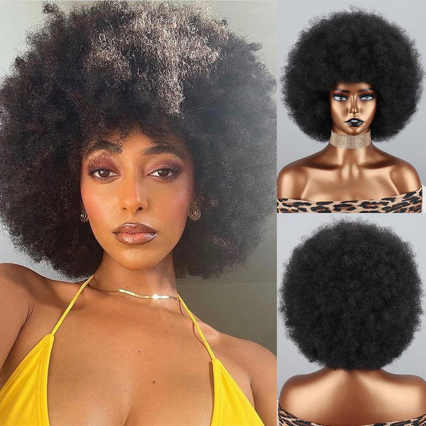 Afro Women Brown Puff Kinky Curly Wig Synthetic Fiber Cosplay Daily Wear Party  Fluffy Curly Wig