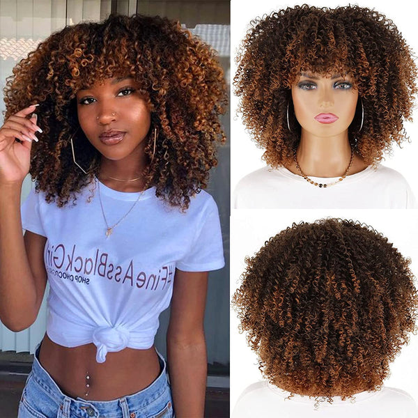 14 Inch Short Curly Afro Wigs with Bangs for Black Women