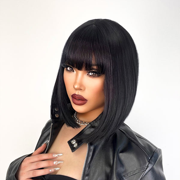 14 Inch Short Black Wig with Bangs for Women