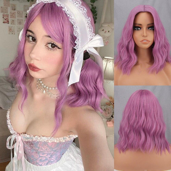 14 Inch Short Wavy Colorful Wig with Center Part Bangs Party Lolita Cosplay Natural Hair Shoulder Length Wigs