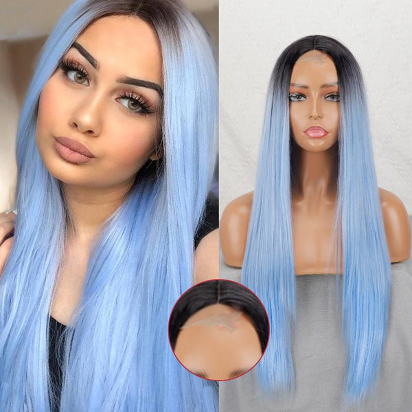 Women Fashion Colorful Long Straight Wig Without Bangs Synthetic Fiber Daily Wear Lace Front Wig