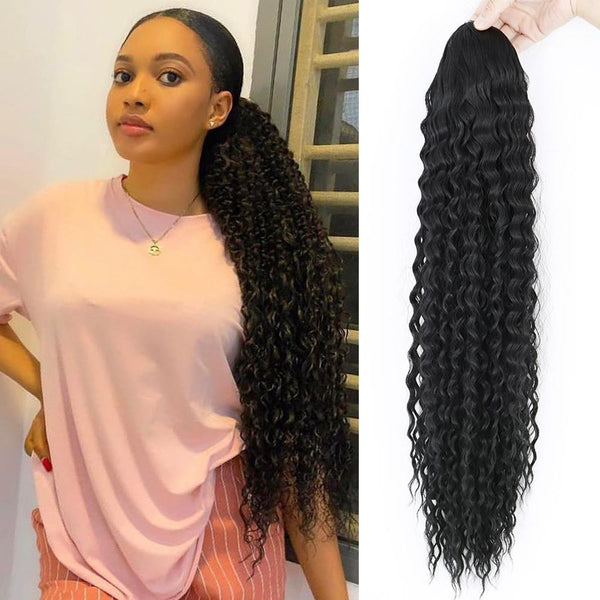 Extensions capillaires synthétiques longues et bouclées avec Clip, postiche noire naturelle de 26 pouces avec cordon de serrage pour femmes