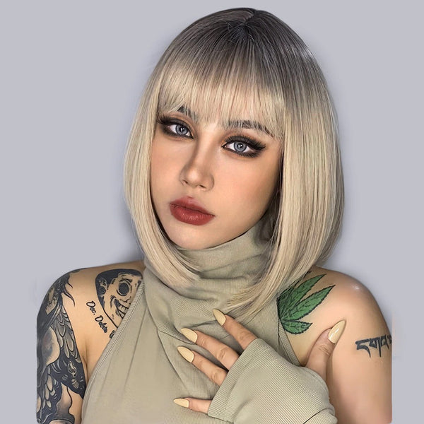 14 Inch Short Ombre Blonde Bob Wigs with Bangs