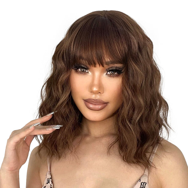 14 Inch Short Wavy Wig with Bangs